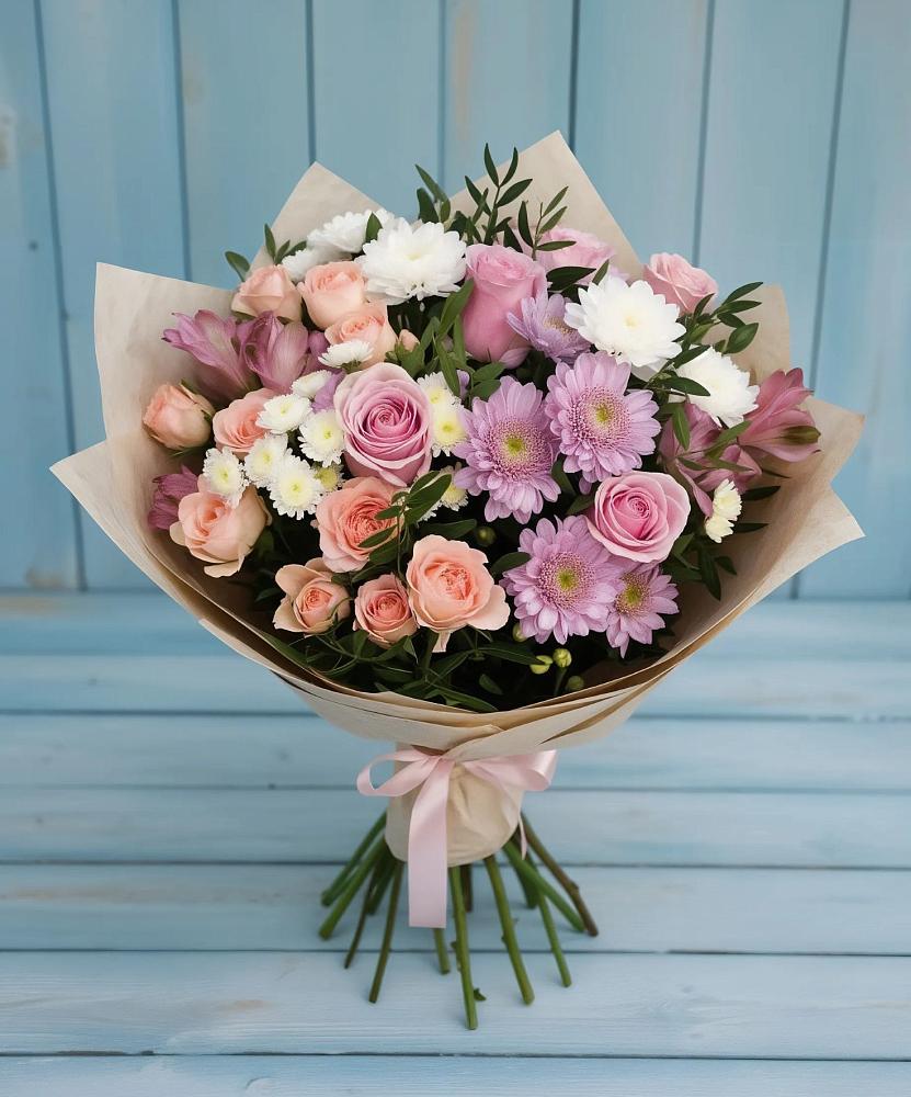 Букет цветов из: Хризантемы, Розы и Альстромерии в ЗЯБ Набережные Челны