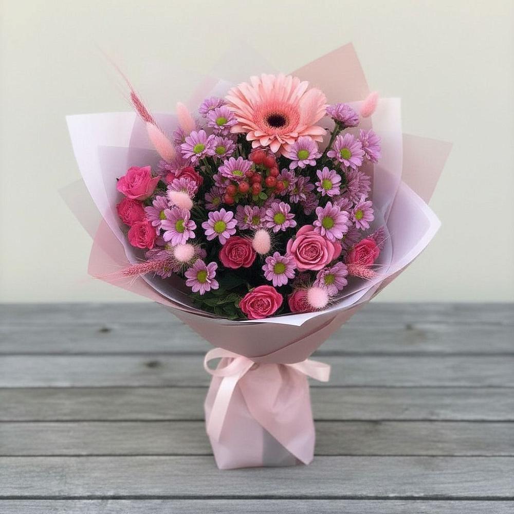 Букет цветов из: Розы, Герберы и Хризантемы в ЗЯБ Набережные Челны