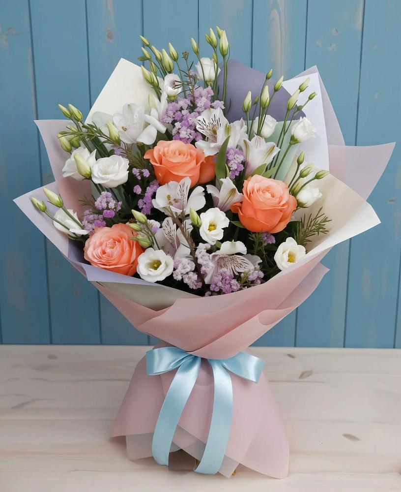 Букет цветов из: Лизиантусы, Розы, Альстромерии и Гипсофила в ЗЯБ Набережные Челны
