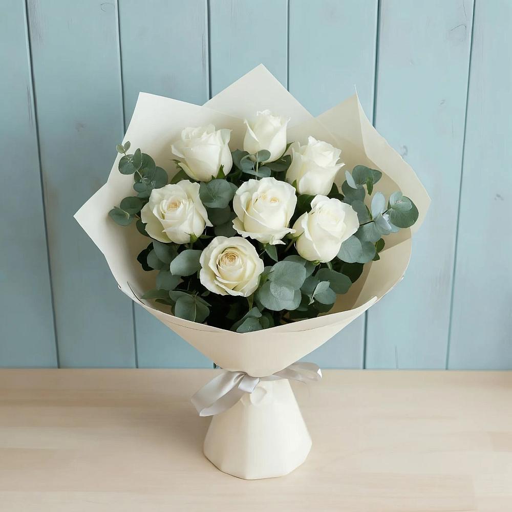 Букет Белые розы в Эвкалипте в ЗЯБ Набережные Челны