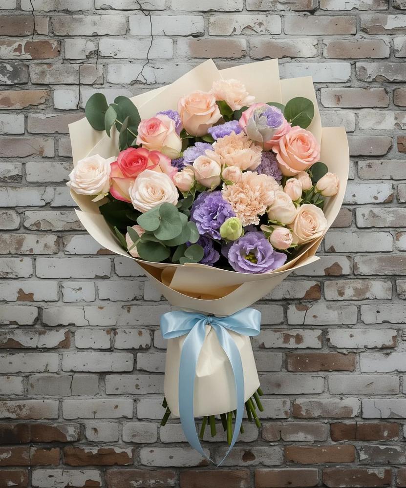 Букет цветов из: Розы, Лизиантусы и Гвоздики в ЗЯБ Набережные Челны