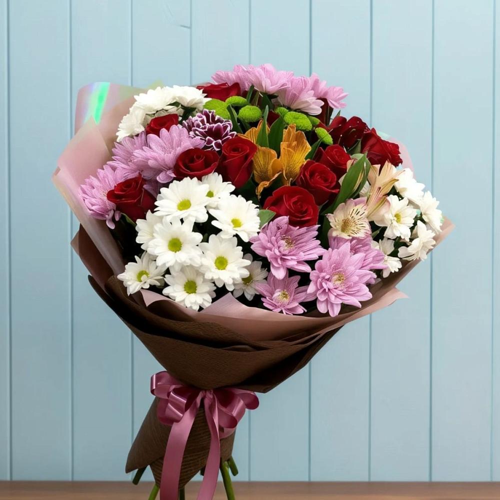 Букет цветов из: Розы, Хризантемы и Альстромерии в ЗЯБ Набережные Челны