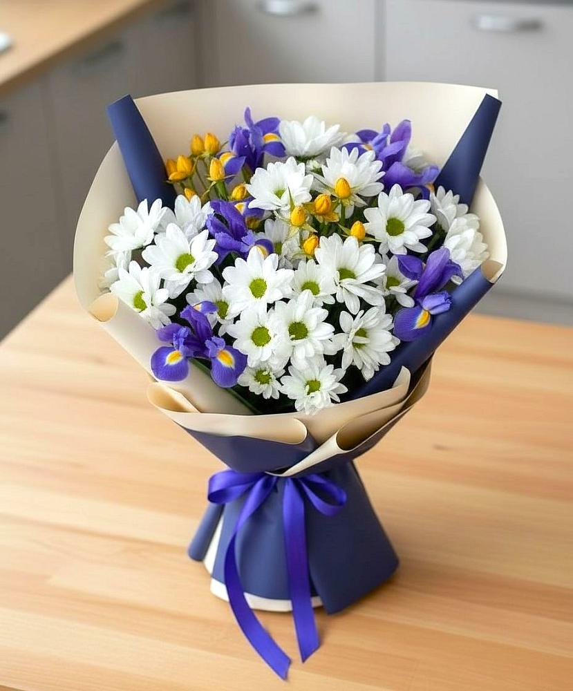 Букет цветов из: Розы, Ирисы и Хризантемы в ЗЯБ Набережные Челны