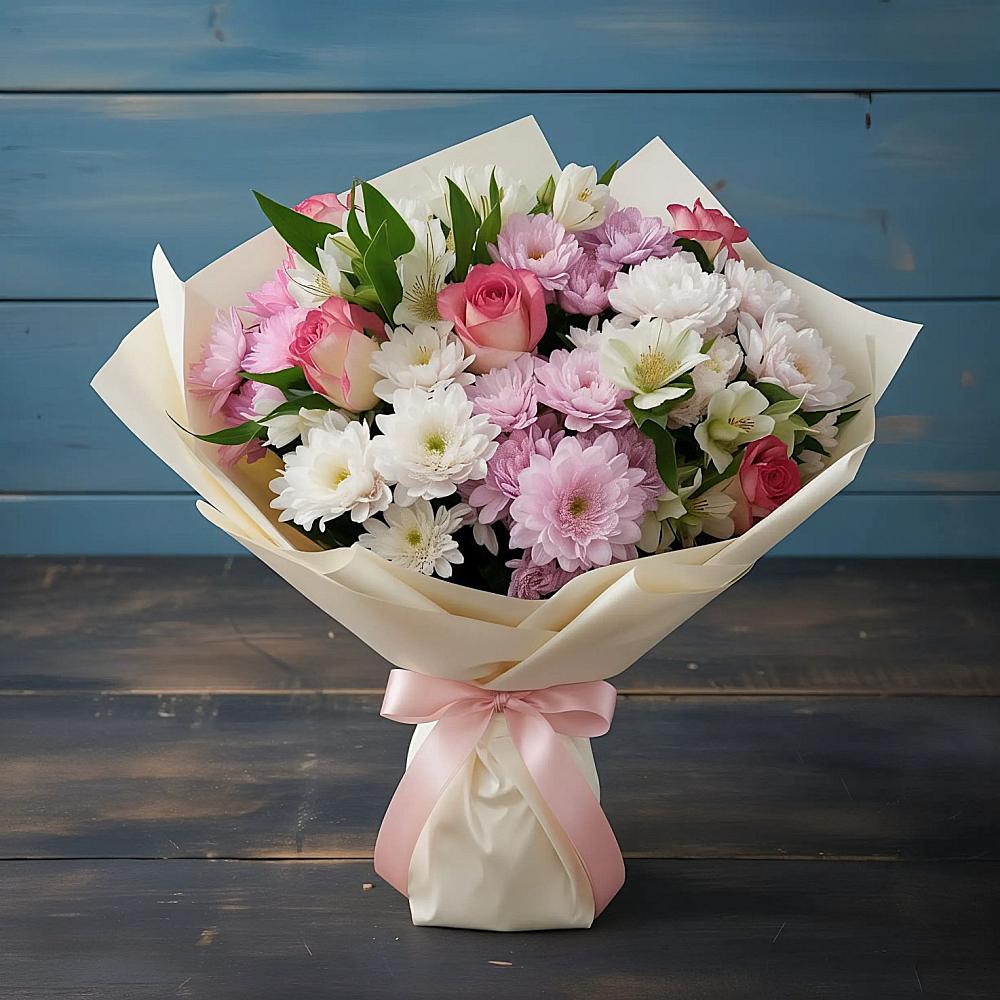 Букет цветов из: Хризантемы, Альстромерии и Розы в ЗЯБ Набережные Челны